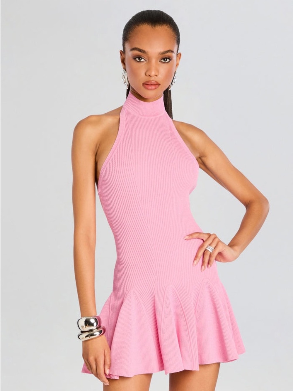 New Retrofete Quinn Metallic Knit Dress Sleeveless Mock Neck Pink Ribbed Flare